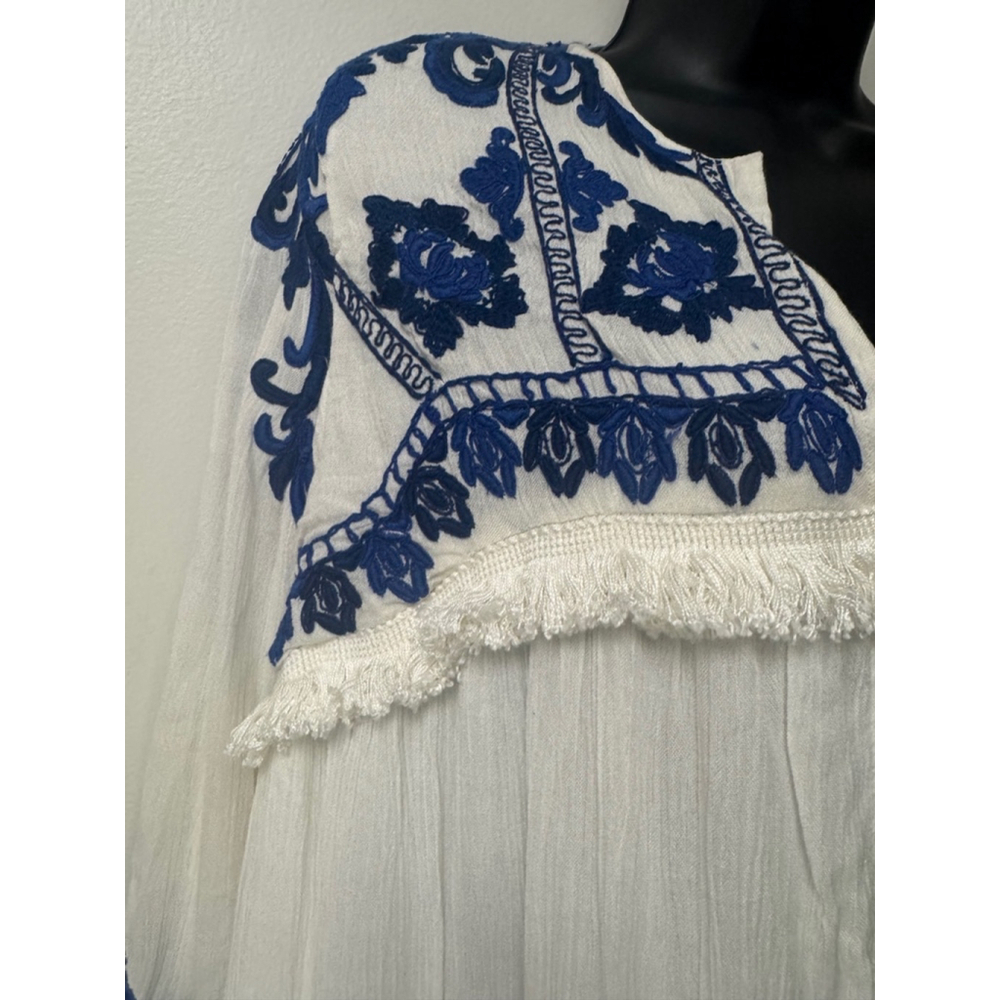 NEW Zara Trafaluc Embroidered Smocked Cardigan Size Medium White and Blue Flawed - Picture 9 of 16